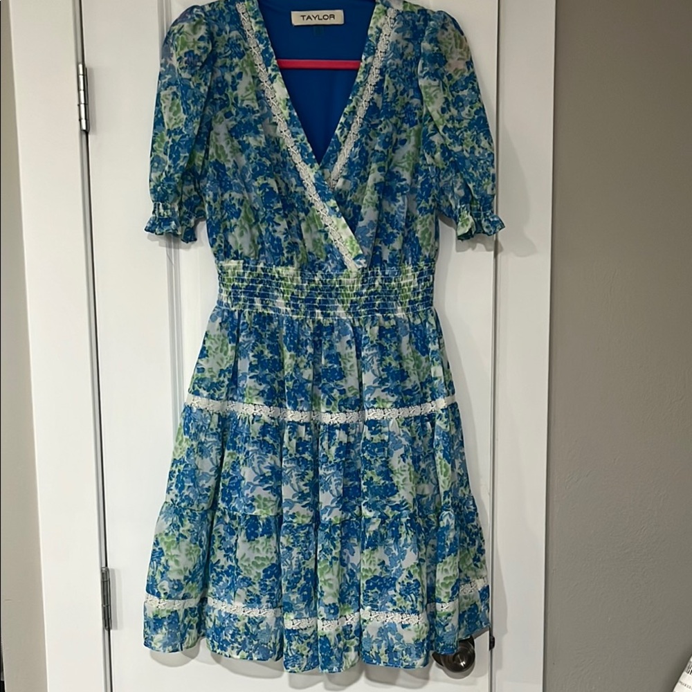 Taylor Blue Wrap Sundress with Puff Sleeves